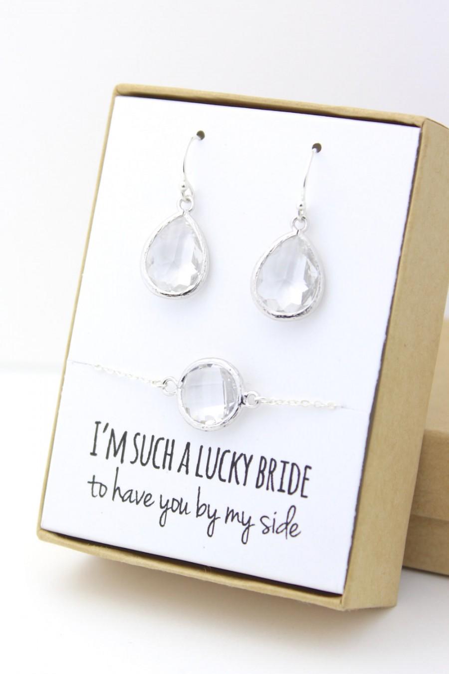 Wedding - Clear Crystal / Silver Teardrop Earring and Circle Bracelet Set - Crystal Bridesmaid Jewelry Set - FortheMaids EBB1