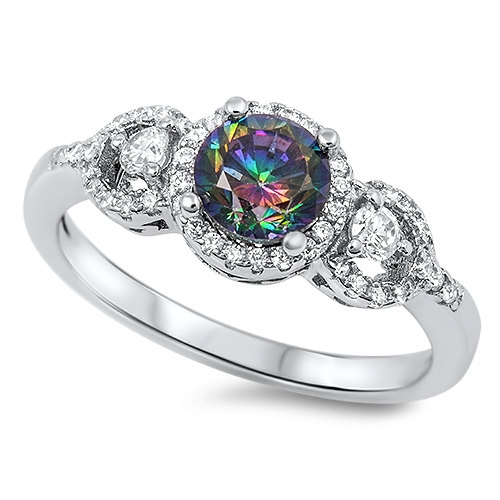 Свадьба - 3.00 Carat Round Mystic Rainbow Topaz Crystal Russian Diamond CZ Three Stone Halo Solid 925 Sterling Silver Wedding Engagement Bridal Ring