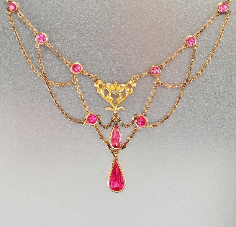 Wedding - Edwardian Necklace, Pink Sapphire Rhinestone Necklace, Gold Chain Heart Necklace, Pearl Necklace, Antique Jewelry, Festoon Necklace Wedding