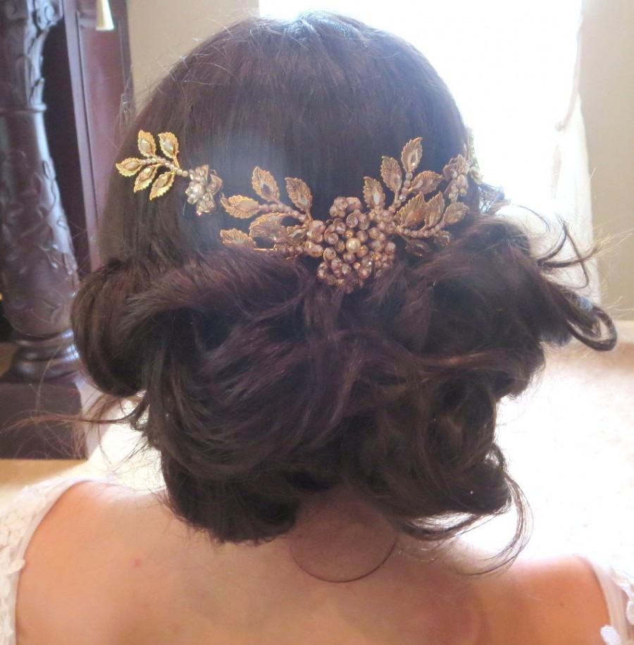 Hochzeit - Antique Gold Wedding headpiece, Crystal Bridal hair combs, Wedding hair accessory, Leaf headpiece, Golden shadow crystal, Swarovski crystal