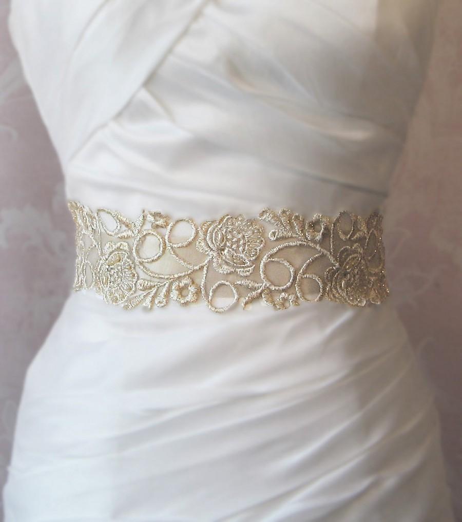 Hochzeit - Champagne Gold Lace Bridal Sash, Wedding Gown Sash, Beaded Bridal Belt in Custom Colors - MIA