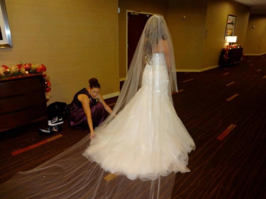 زفاف - Wedding Veil Swarovski Crystal Rhinestone Sheer 108 Inch Long Cathedral Length Bridal Veil with Blusher