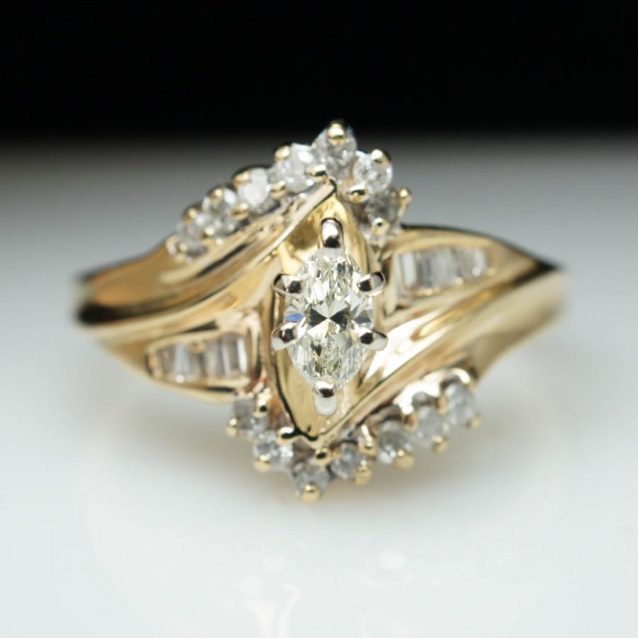 Wedding - Vintage .40ct Marquise Cut Diamond Engagement Ring 14k Yellow Gold - Size 8 (Complete Bridal Wedding Set)