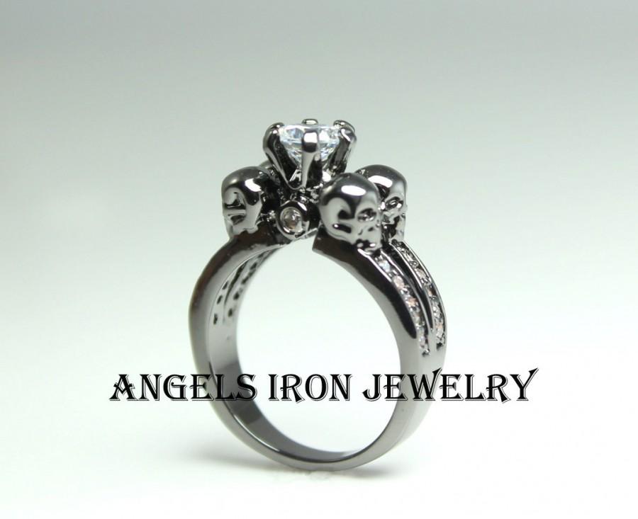 زفاف - Skull Ring Black Gold Filled Wedding Engagement Anniversary Promise Diamond Solitaire Rings Unique Gothic Jewelry Women Gift for her