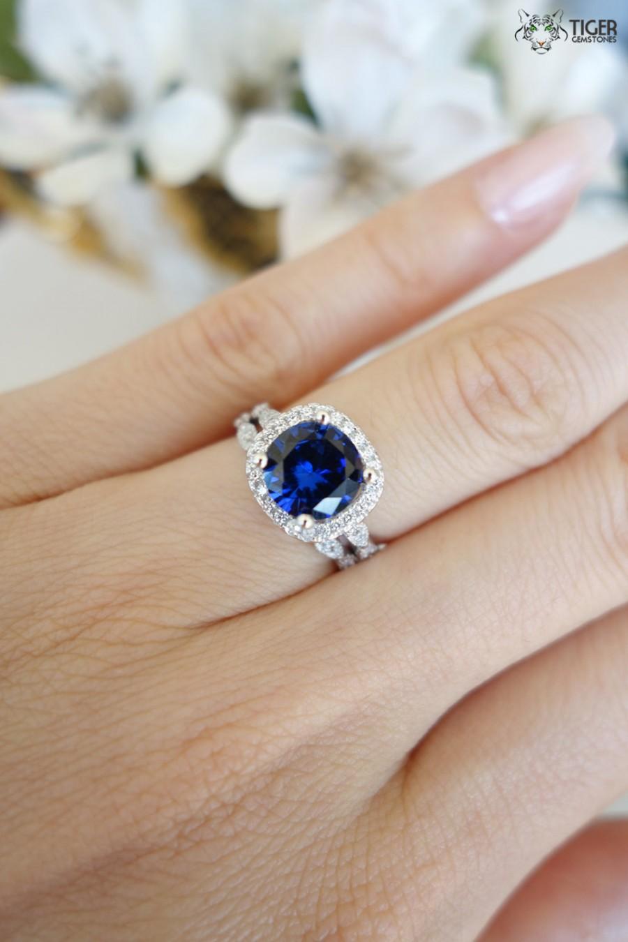 Mariage - 2.25 Carat Halo Wedding Set, Vintage Bridal Rings, Man Made Blue Sapphire & Diamonds Simulants, Art Deco Engagement Rings, Sterling Silver