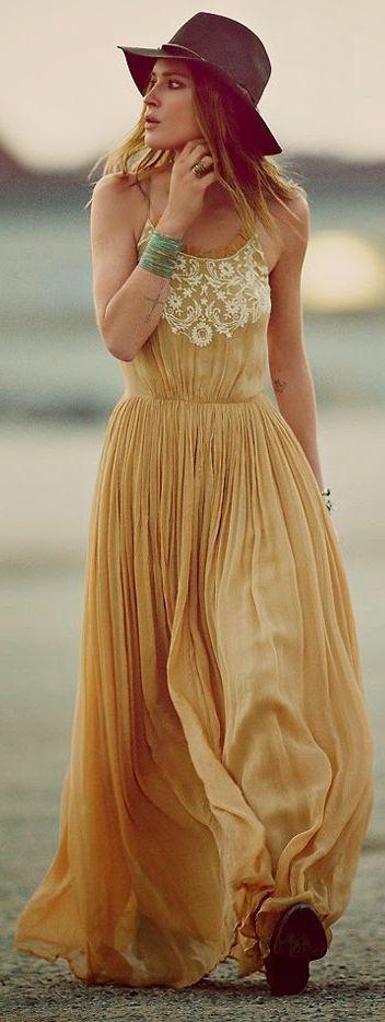 Hochzeit - Free People Light Brown Pleated Maxi Boho Dress