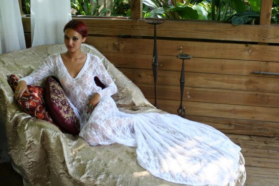 Wedding - White Lace Bridal Nightgown With Train Wedding By SarafinaDreams