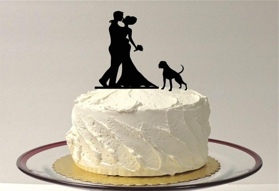 Hochzeit - WITH PET DOG Wedding Cake Topper Silhouette Wedding Cake Topper Bride + Groom + Dog Pet Family of 3 Cake Boxer Pitbull Cake Topper
