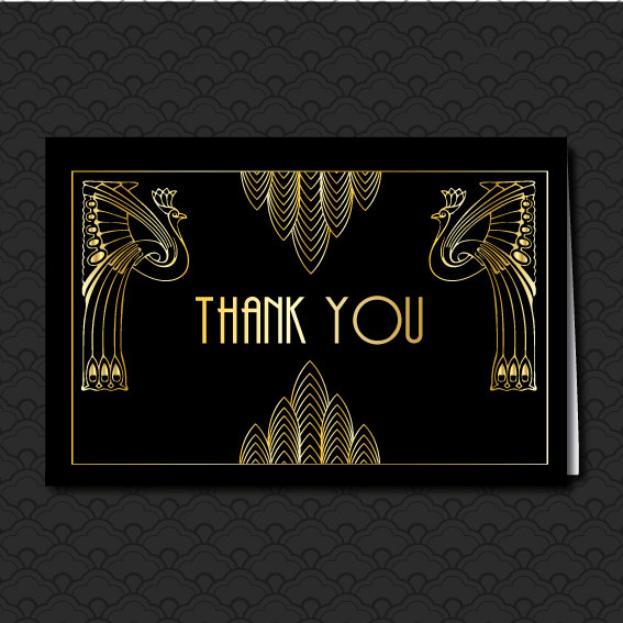 زفاف - Great Gatsby Black and Gold Thank You Card, Art Deco Hollywood Style, Engagement, Birthday, 1920's Jazz Theme, Peacocks, Thank you Gift Card