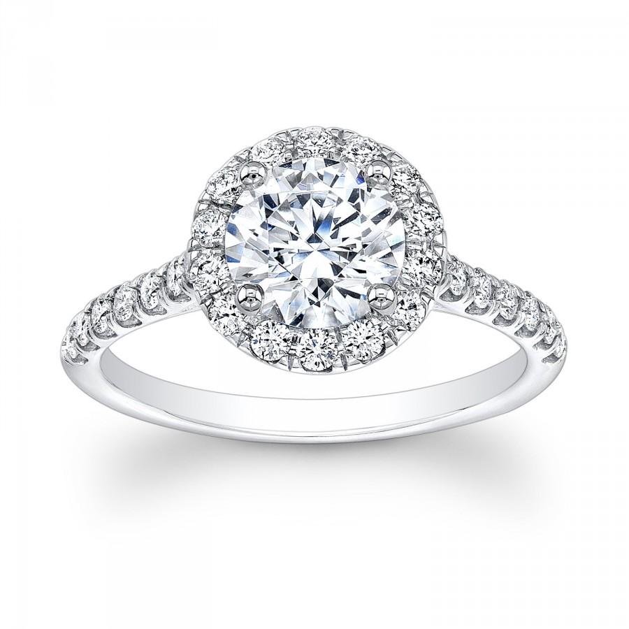 Hochzeit - Ladies 18kt white gold diamond engagement ring with round diamond halo top 0.50 ctw with 1.50ct Round White sapphire