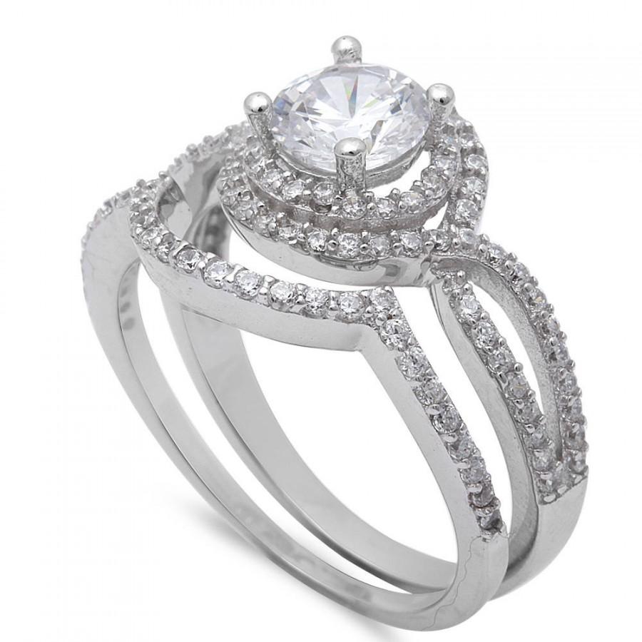 زفاف - Vintage Wedding Engagement Ring 1.00CT Round Russian Ice Diamond CZ Double Halo Accent Two Piece Ring Band Set Solid 925 Sterling Silver