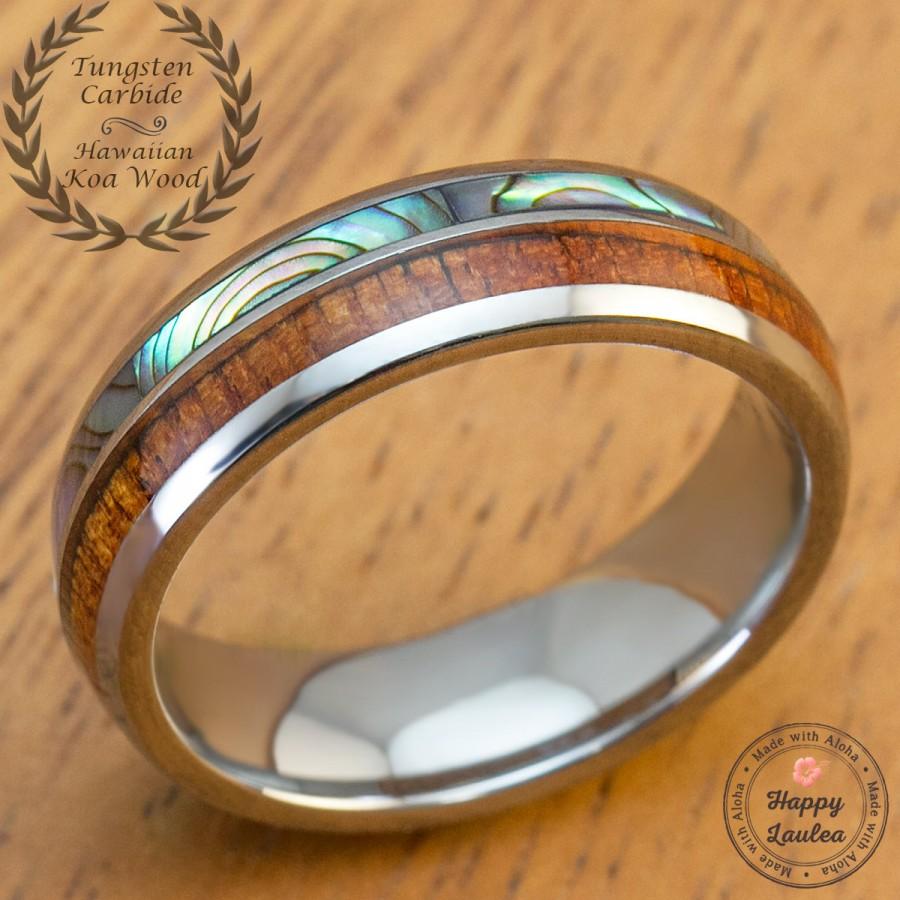 Wedding - Tungsten Wedding Ring with Abalone Shell and Koa Wood Inlay (6mm width, Barrel shaped, comfort fit)