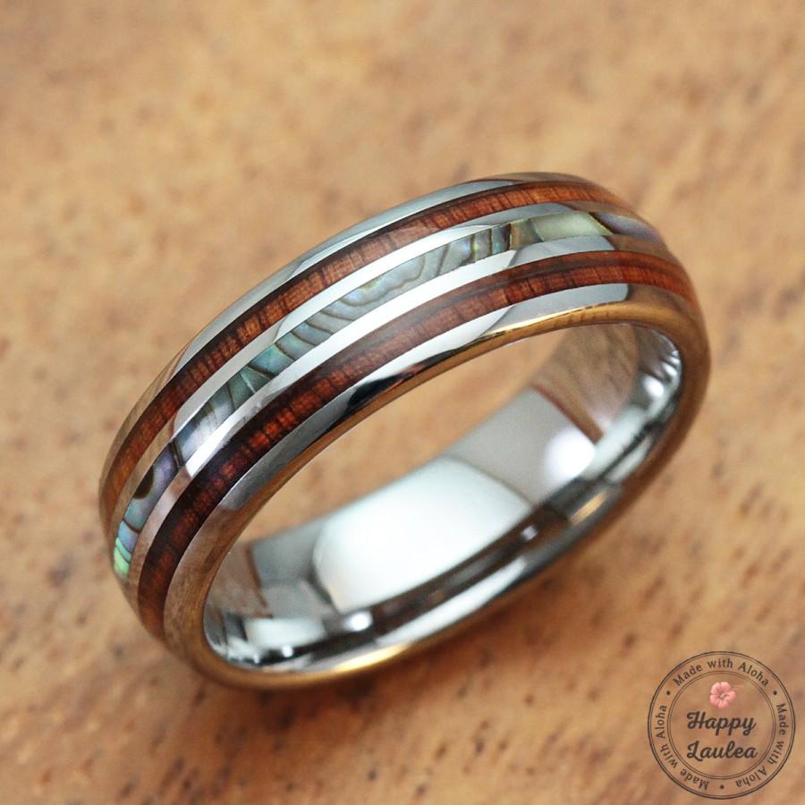 زفاف - Tungsten Carbide Ring with Koa Wood & Abalone Shell Inlay (6mm width, Barrel style)