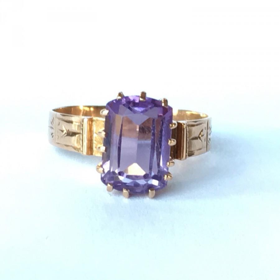 زفاف - Vintage Amethyst Ring in 10k Gold Art Nouveau Setting. Unique Engagement Ring. Solitaire. February Birthstone. 6th Anniversary Stone.