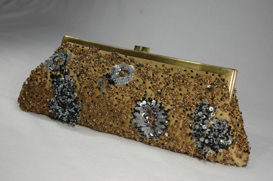 Wedding - Clutch  Gold Beaded Evening Bag Santi Bugle Beads Rhinestone Sequin Gold Silver Gray Couture Clutch