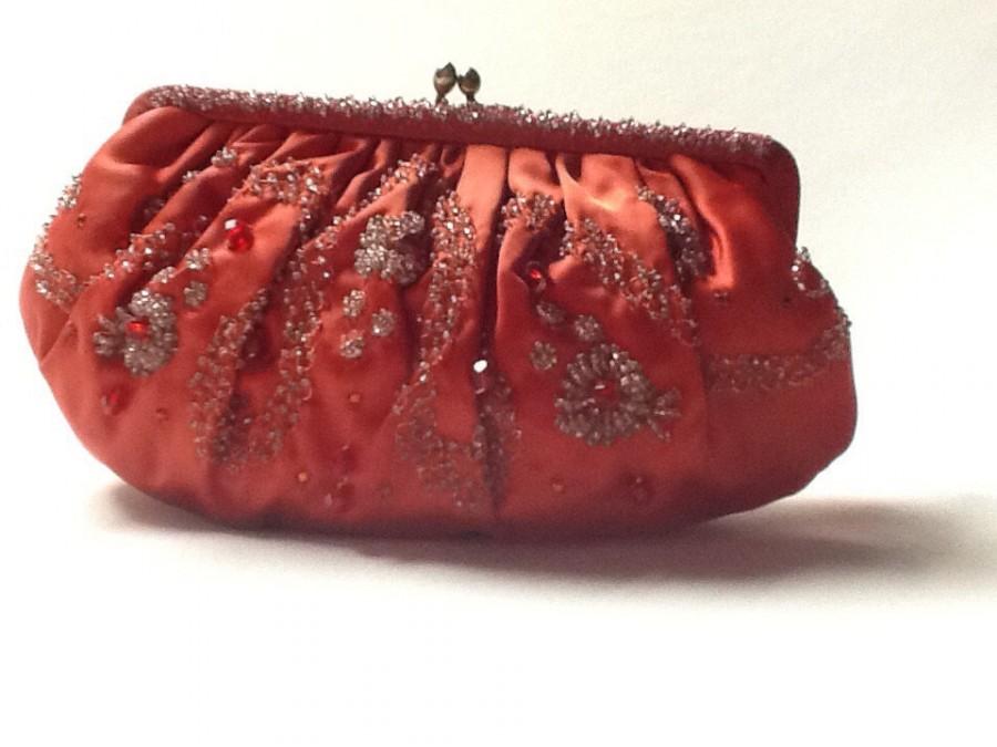 Wedding - Ruby Red Satin Hand Beaded Evening Bag 1920's Red Wedding Clutch With Detailed Hand Beading