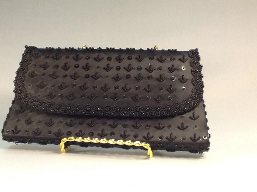 Hochzeit - Hand Made Black Beaded And Sequin Evening Bag Geometric Arrow Design Silk Clutch Black Silk Beaded Sequined Evening Handbag