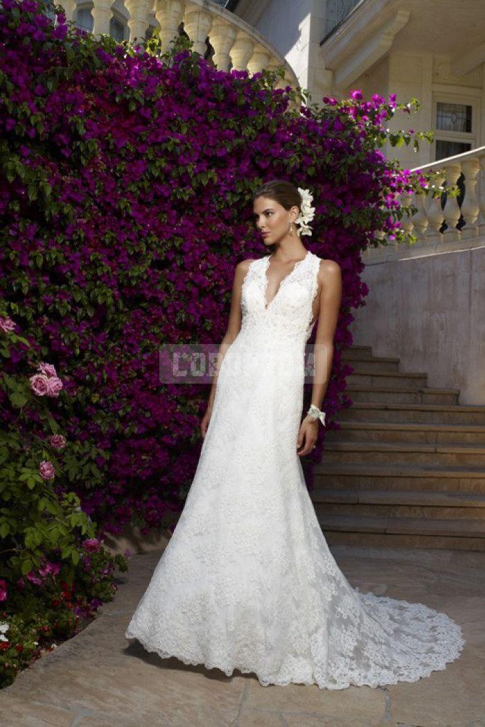 Mariage - V-neck Lace A-line Graceful Court Train Wedding Dress - Cobbprom.com
