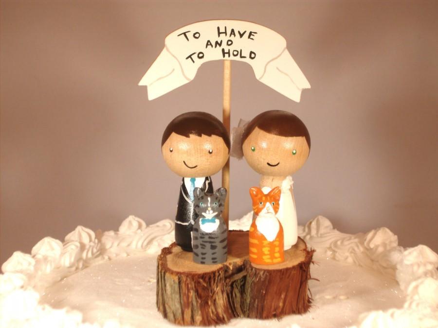 Mariage - 3D Kokeshi Wedding Cake Topper with Two Pets and a  Rustic Tree Slice Base and Wooden Banner Custom Cake Topper