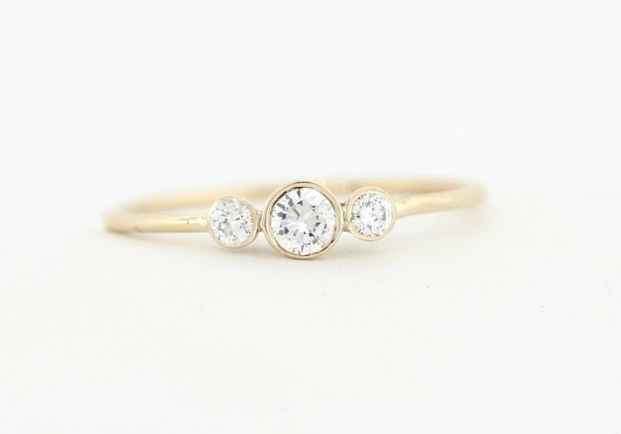Wedding - Three Stone Round Brilliant Cut Diamond Engagement Ring, Thin 3 Stone Dainty Bezel Set Engagement Ring, Three Stone Bezel Diamond Ring