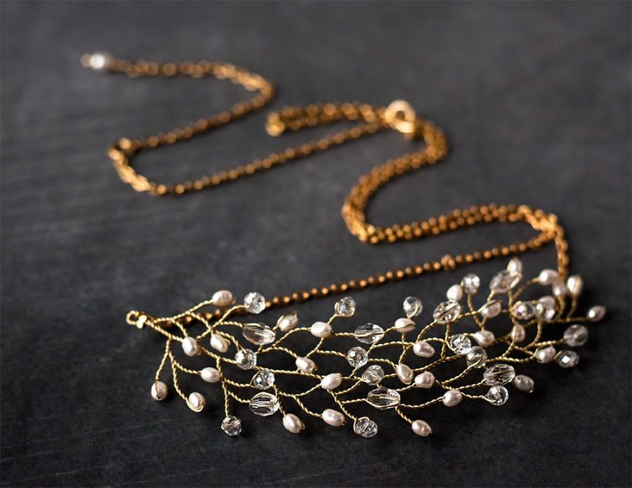 زفاف - Crystal necklace, Twig jewelry, Gold necklace, Bride Necklace, Pearl Jewelry, Wedding neckalce, Hair accessory, Vine necklace, Accessories.
