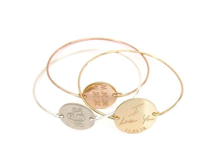 Hochzeit - Personalized Engraved Bangle Bracelet Trio, Past, Present & Future, Coordinate Bracelet, Acutal Handwriting Jewelry, Monogram, Wedding Gift