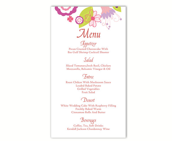 زفاف - Wedding Menu Template DIY Menu Card Template Editable Text Word File Instant Download Colorful Menu Floral Menu Printable Menu 4x7inch