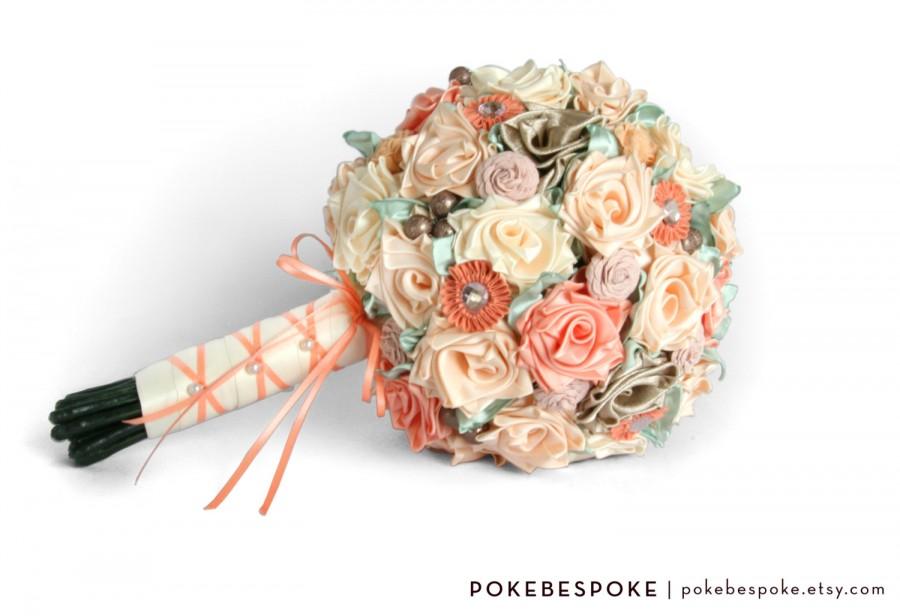 زفاف - Peach, Salmon, Coral, and Ivory Ribbon Rose Bridal Alternative Bouquet, Large Bride Bouquet - READY TO SHIP