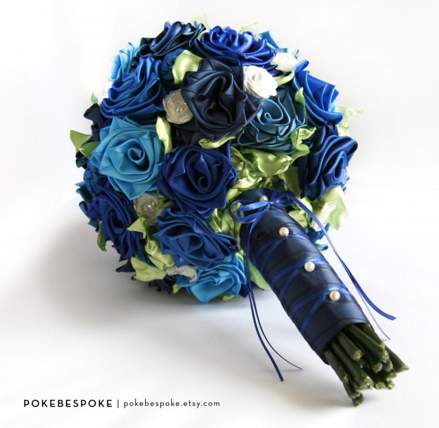 زفاف - Royal and Navy "Something Blue" Ribbon Rose Alternative Bridal Wedding Bouquet, Large Bride Bouquet Made to Order
