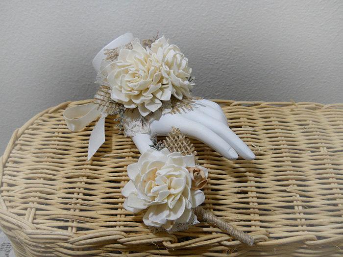 Wedding - Wrist Corsage and/or Boutonniere, Sola Flowers, Rustic Country Wedding, Corsage & Boutonniere. Made to Order.