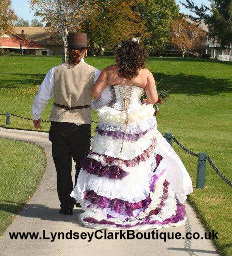 Hochzeit - Steampunk wedding dress ivory purple with Train / Bustle custom MADE TO ORDER/ measure
