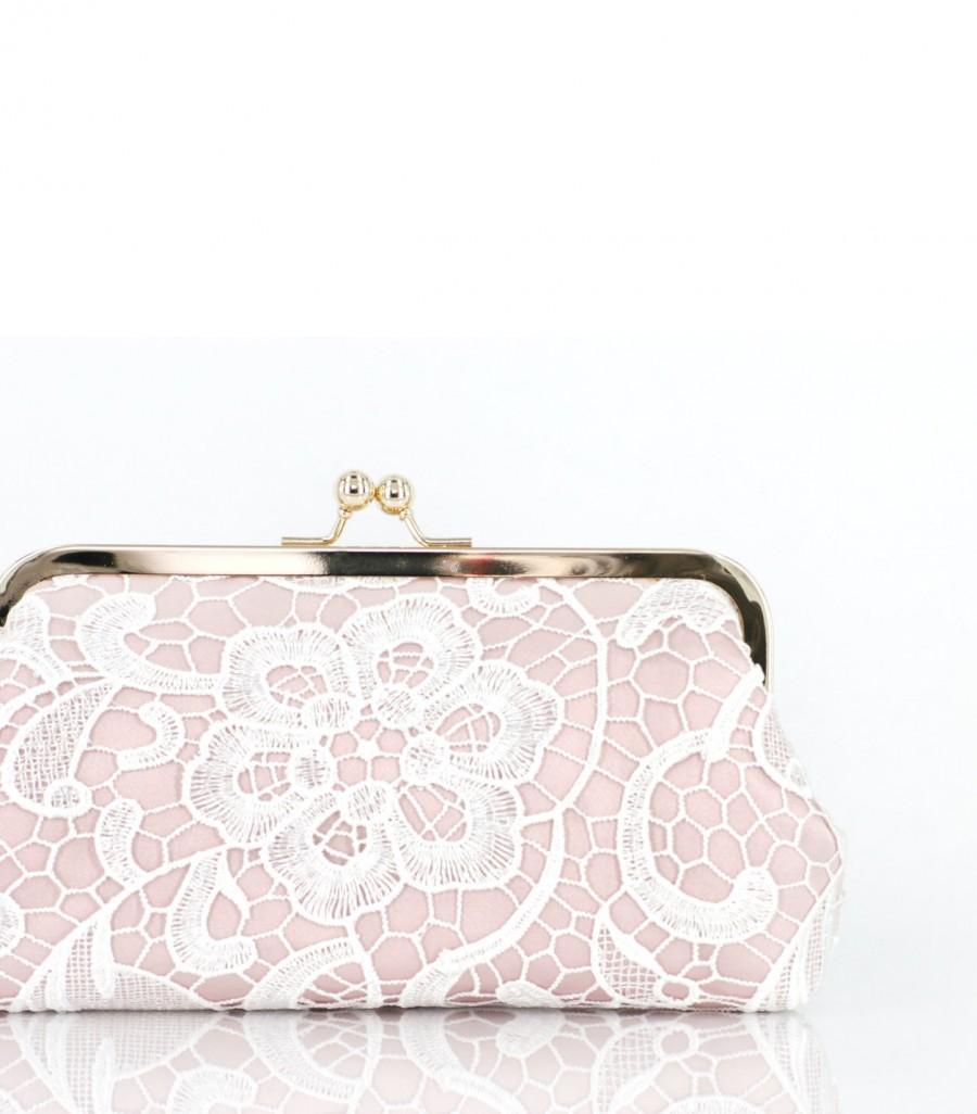 زفاف - Personalized Gift, Bridesmaid Gift, Gift for her, Bridal Blush Pink Clutch with White Lace Overlay 8-inch L'HERITAGE etsygift
