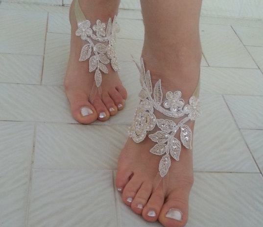 Mariage - Champagne Beach wedding barefoot sandals , french lace sandals, wedding anklet, Beach wedding barefoot sandals, embroidered sandals.