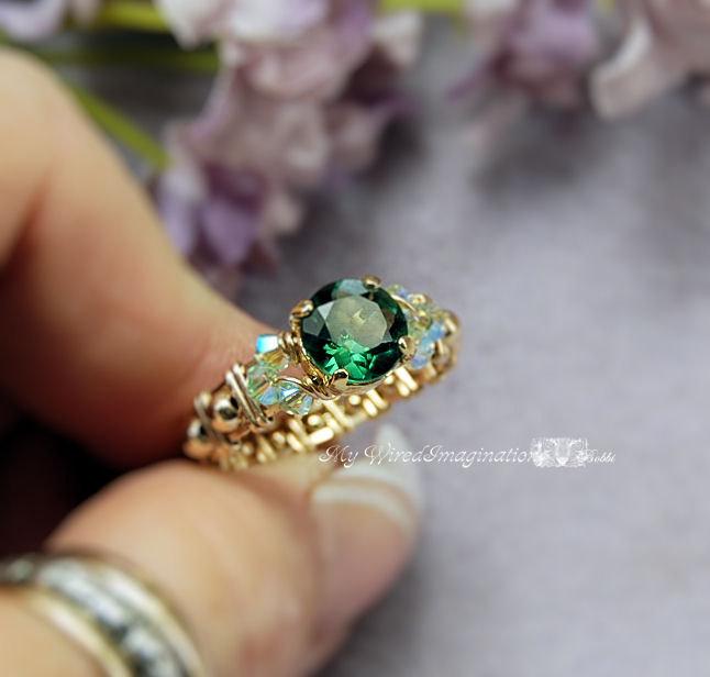 زفاف - Green Quartz CZ Wire Wrapped Ring - Handmade Signature Design Marcella Ring - Fine Jewelry