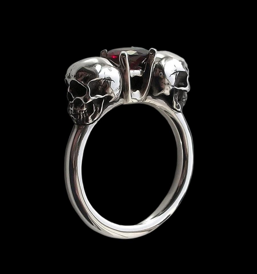 Hochzeit - 925 Solid Sterling Silver Dark Gothic Skull Ring with Red Garnet - Love to Death Ring - Inspired by Lovers Of Valdaro - ALL SIZES