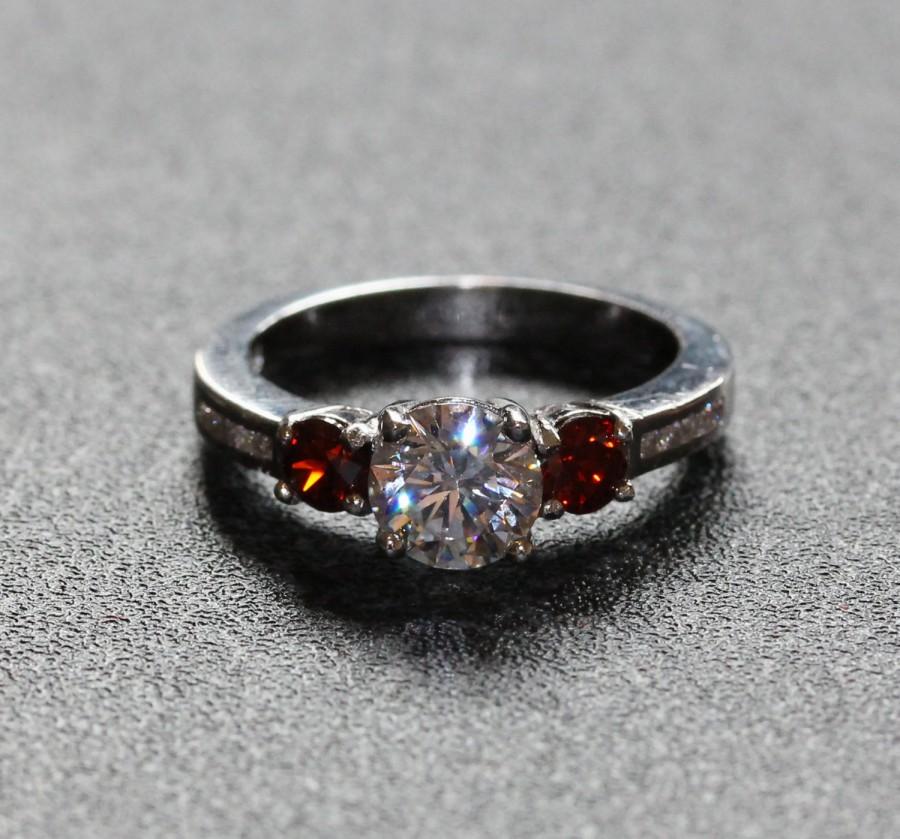 genuine garnet and white sapphire solid sterling silver trilogy ring engagement ring wedding ring - Garnet Wedding Ring genuine garnet and white sapphire solid sterling silver trilogy ring engagement ring wedding ring - Garnet Wedding Ring
