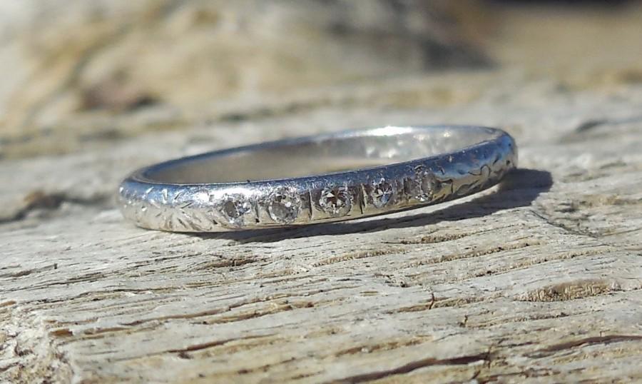 Wedding - Vintage Antique Diamond Platinum Unique Engagement Ring 1920 Art Deco Wedding Band Stack Ring Flowers