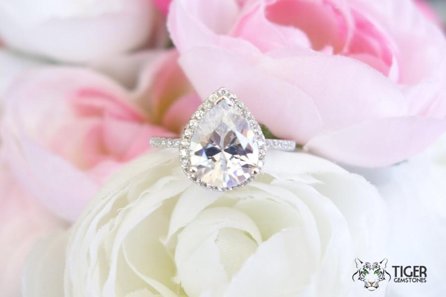 زفاف - 2.5 ctw Pear Engagement Ring, Gastby Style Ring, Halo Wedding Ring, Man Made Diamond Simulant, Bridal Ring Anniversary Ring, Sterling Silver