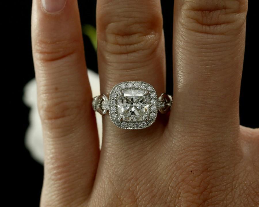 زفاف - 7.0mm Cushion Forever Brilliant Moissanite Halo Engagement Ring with Diamonds (available in rose, white, yellow gold and platinum)