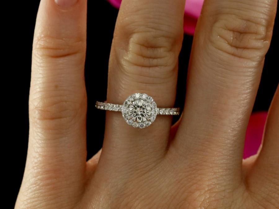 Свадьба - Diamond Halo Engagement Ring in 14K White Gold, 5.0mm Diamond Half Way Engagement Ring, Wedding Ring, Halo Ring