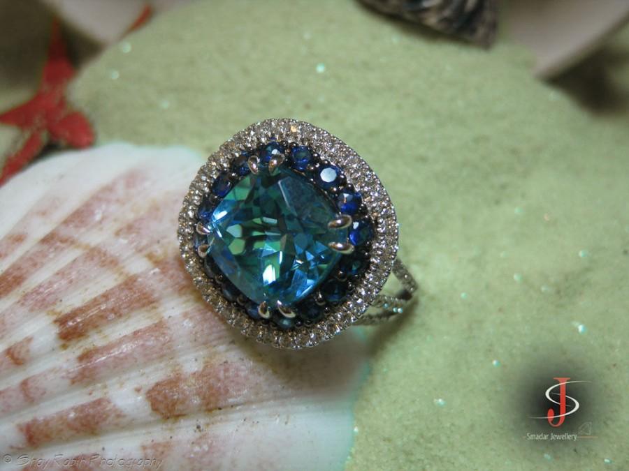 Mariage - Cushion Cut Engagement Ring, Blue Sapphire Ring, 14K White Gold Ring, 0.53 CT Diamond Ring, Split Shank Engagement Ring Size 7