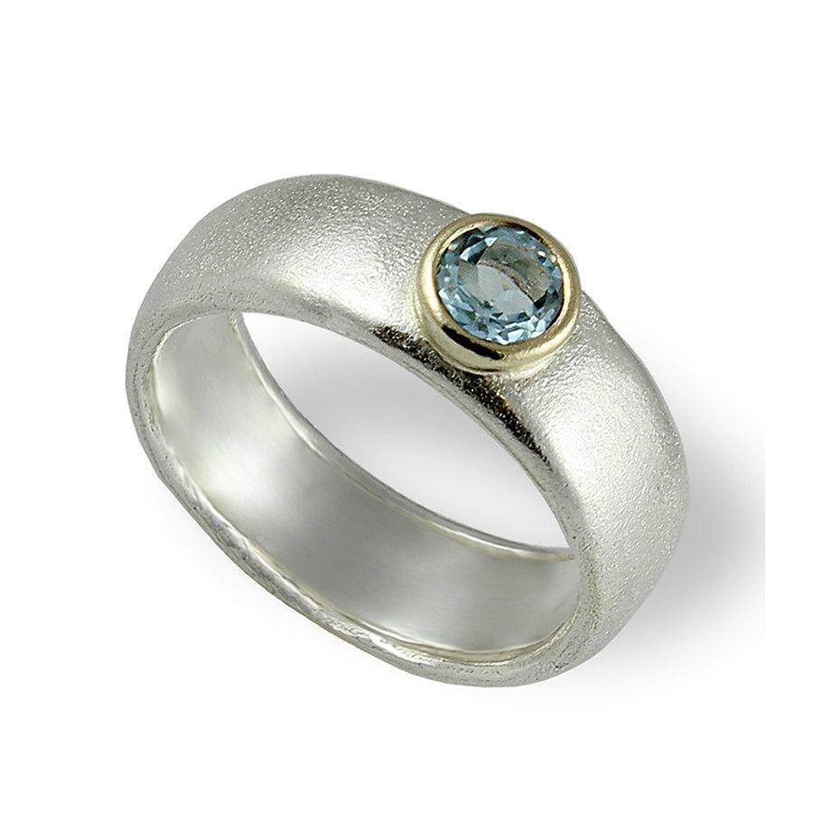 Wedding - Aquamarine Engagement Band , Silver and Gold Wedding Band , Gemstone Engagement Band , Wide Wedding Ring , Commitment Ring , Valentines Day