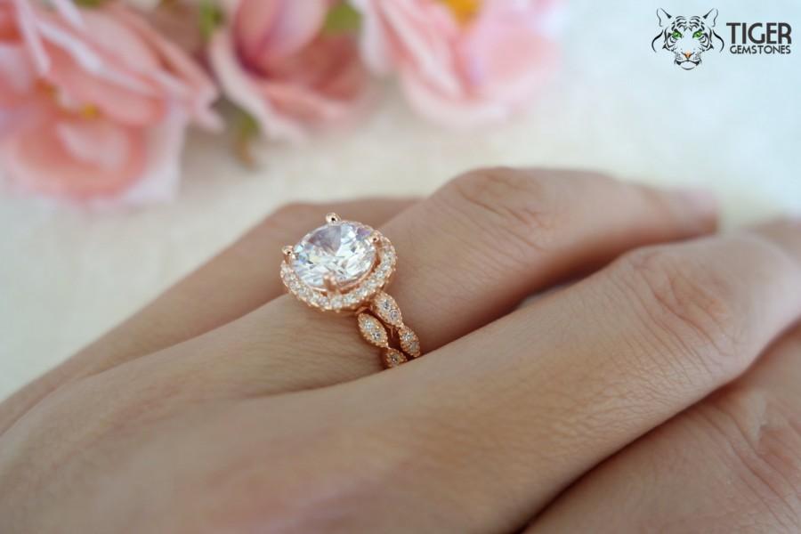 Mariage - 2.25 Carat Halo Wedding Set Vintage Bridal Rings, Man Made Diamond Simulants, Art Deco Engagement Ring, Wedding, Sterling Silver & ROSE Gold
