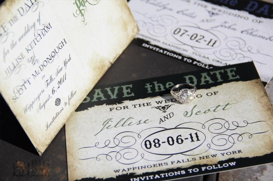 زفاف - Steampunk Save the Date. Torn textured save the date. Old world save the date.