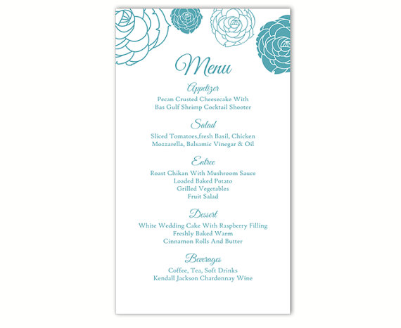 Mariage - Wedding Menu Template DIY Menu Card Template Editable Text Word File Instant Download Blue Menu Floral Menu Rose Printable Menu 4x7inch