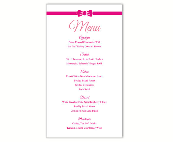 Wedding - Wedding Menu Template DIY Menu Card Template Editable Text Word File Instant Download Pink Menu Fuchsia Menu Template Printable Menu 4x7inch