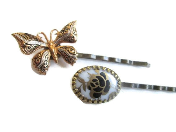 Hochzeit - Butterfly Bobby Pins Vintage Jewelry Hairpins Wedding Prom Hair Accessory
