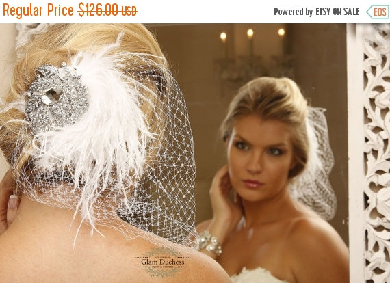 Hochzeit - Bridal birdcage fascinator,Bridal headpiece, feathers rhinestone Russian veil, Bridal Hair pin,bridal hair accessory