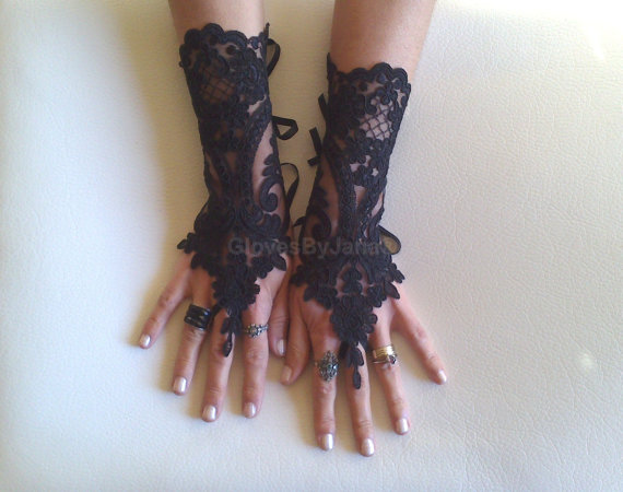Свадьба - Black lace gloves french lace bridal gloves, ''High Quality Lace Gloves'' fingerless gloves black gloves burlesque glove guantes free ship