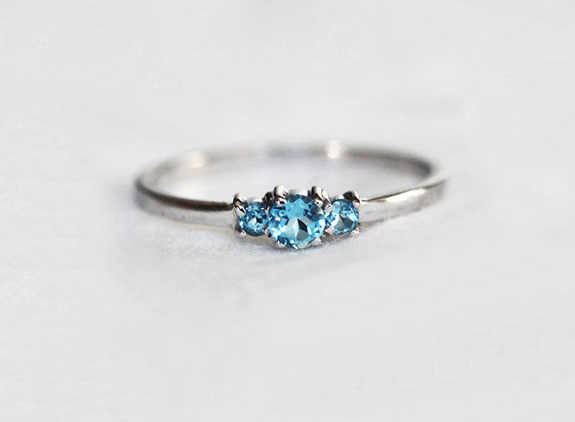 Wedding - Blue Topaz Ring, Gold Topaz Ring, Three Stone Ring, Dainty Engagement Ring, Three Stone Engagement Ring